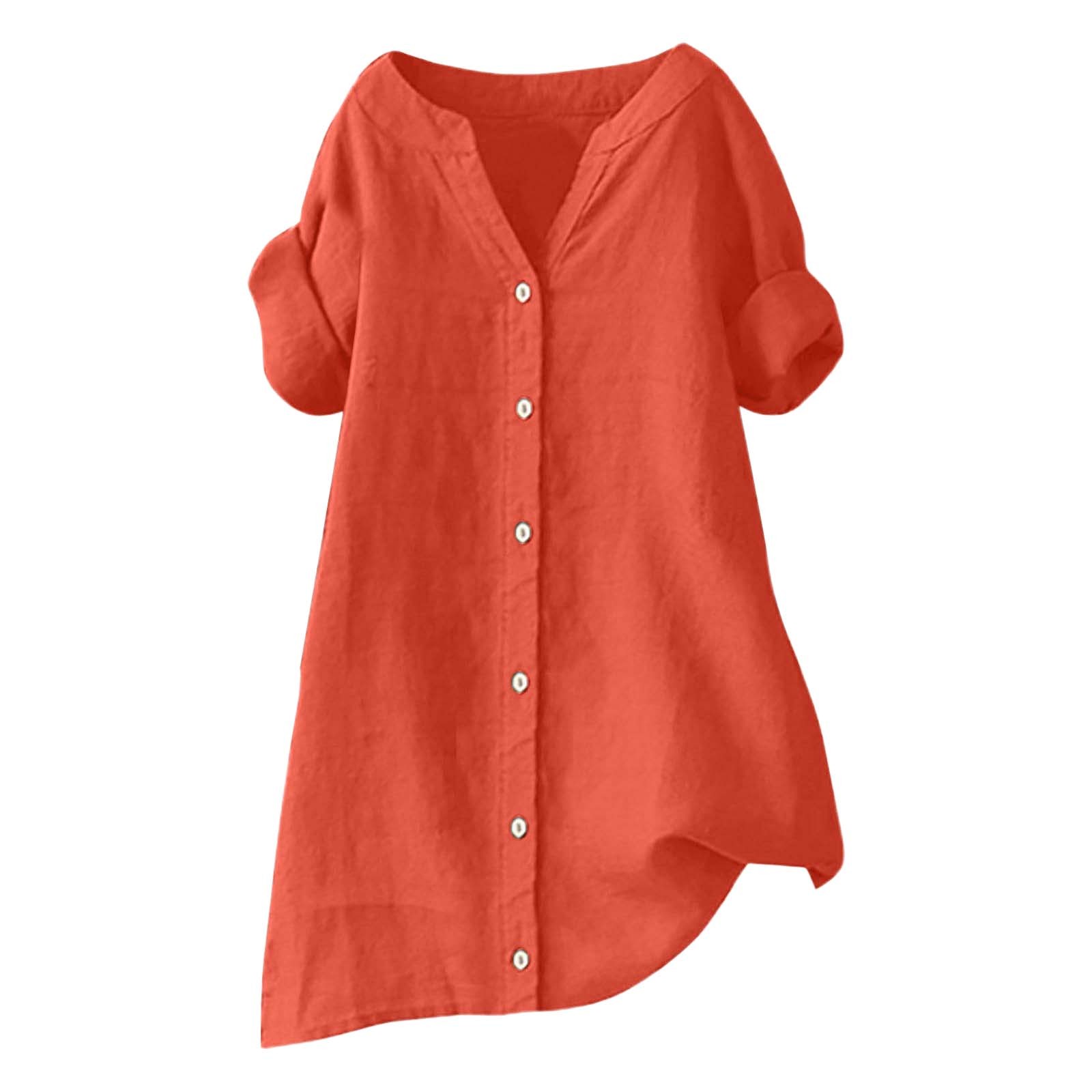 thumbnail image 4 of Camisa de lino para mujer: talla grande, manga corta, cuello en V, color liso, 4 of 4